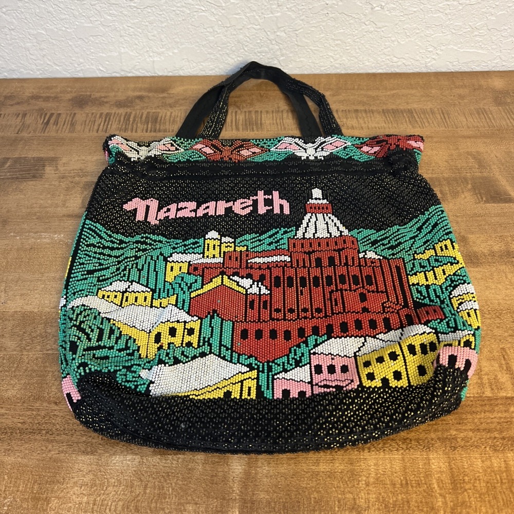 Vintage Nazareth Souvenir Rainbow Beaded Large Tote Bag Jerusalem - Picture 8 of 16